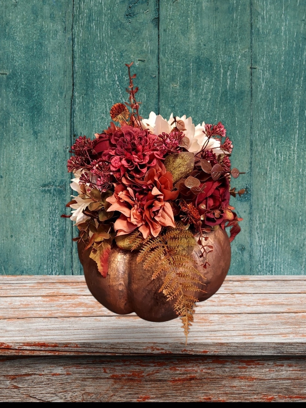 Rust and Cream Faux Floral And Handpainted Aged Copper Pumpkin Arrangement